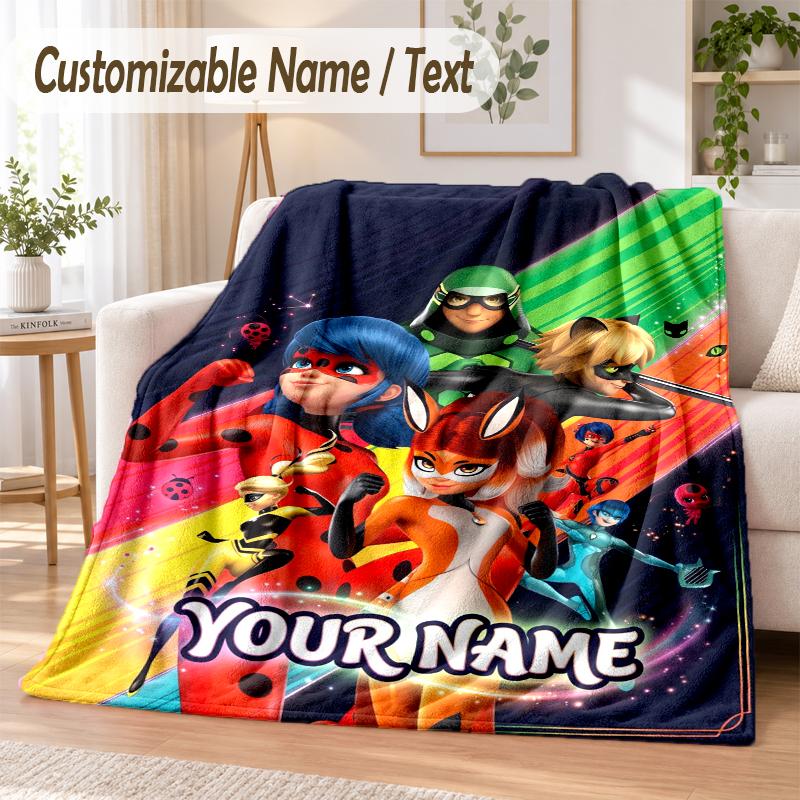 Miraculous Ladybug Custom Name Flannel Throw Blanket Soft Warm for Sofa Bed Indoor Home Use