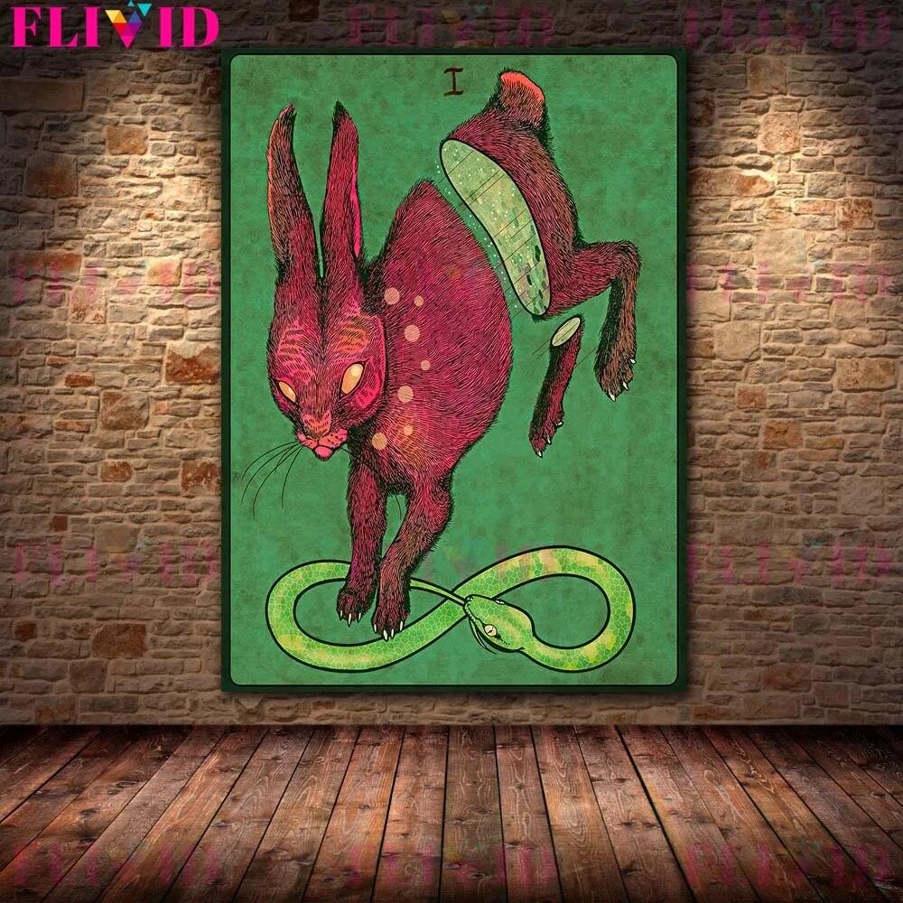 Bloodthirsty Lamb And Snake,Owl Vintage Terrible Animal Wall Art Canvas Painting Owl And Goat Man Abstract Poster Print Decor No Frame