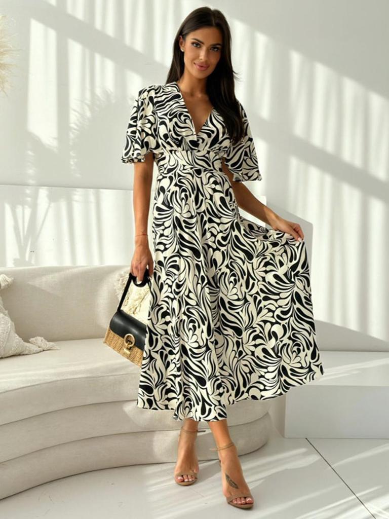 2024 Summer V-Neck Mid-Length Floral Swing Dress for Women
