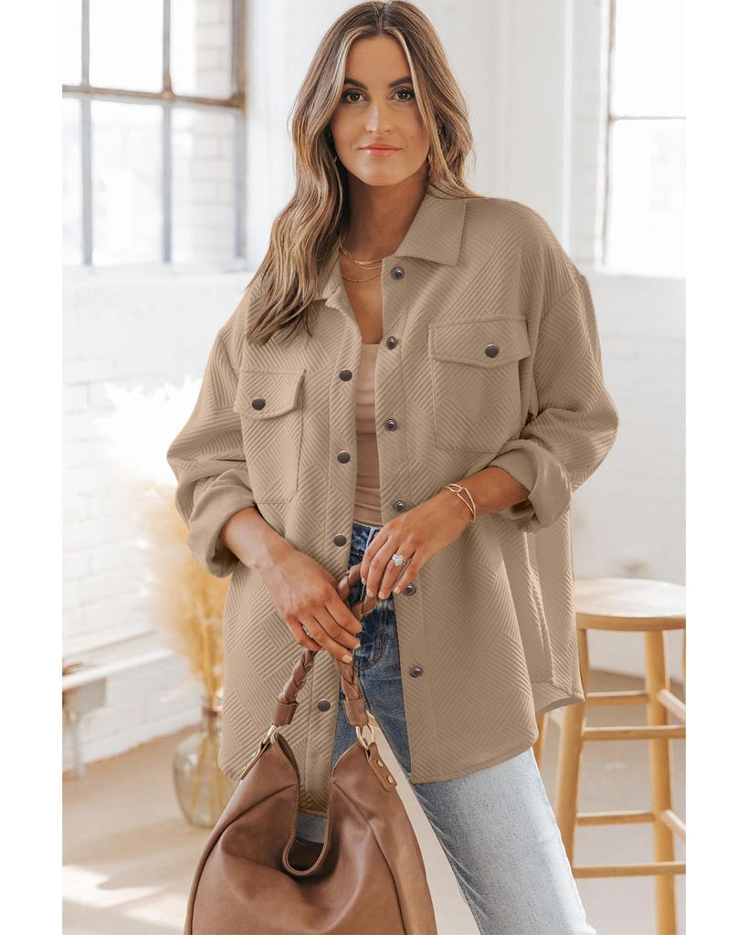 Azura Exchange Khaki Solid Textured Flap Pocket Buttoned Shacket