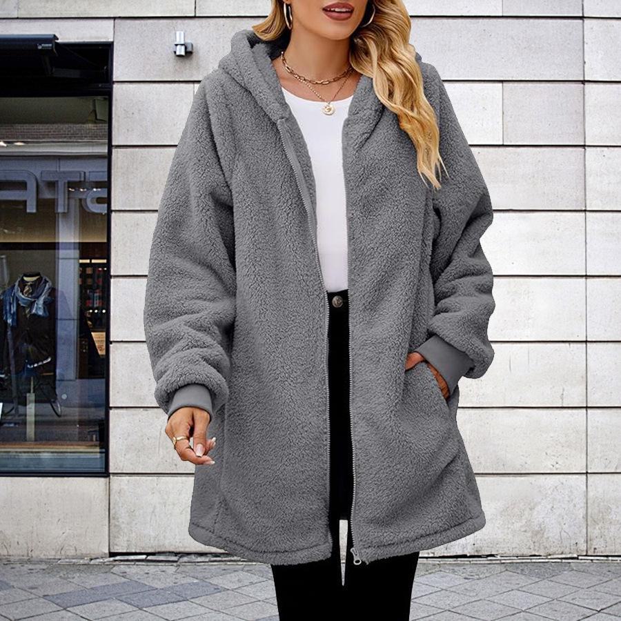 2026 Winter Women s Loose Plush Long-Sleeved Hooded Zipper Cardigan Jacket S