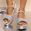 Fashion Elegant Ladies Pearls Ankle Strap Sandals Women 2025 Summer Party Wedding Gold Silver Shoes Woman Wedge Heels Sandalias Mujer 43