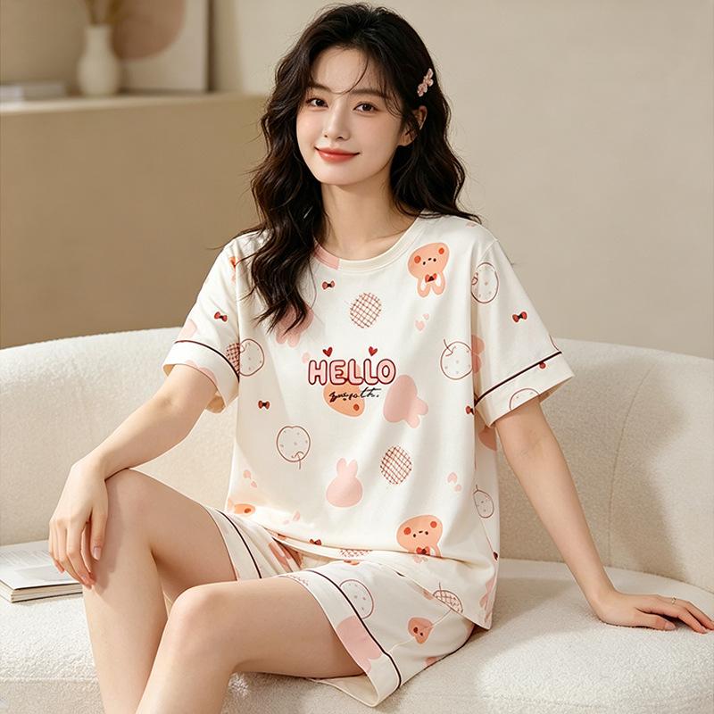 Sweet Girl's Pajamas Women's Summer Casual Round Neck Imitation Cotton Short-sleeved Suit Cute Age-reducing Women's Loungewear