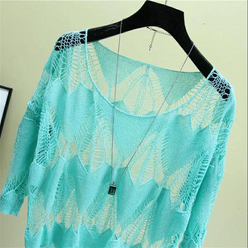 Camisa de Seda de Hielo Top de Protección Solar Hueco de una Pieza con Suéter de Punto Fino Suéter Holgado para Mujer Hueco Ligero y Transpirable