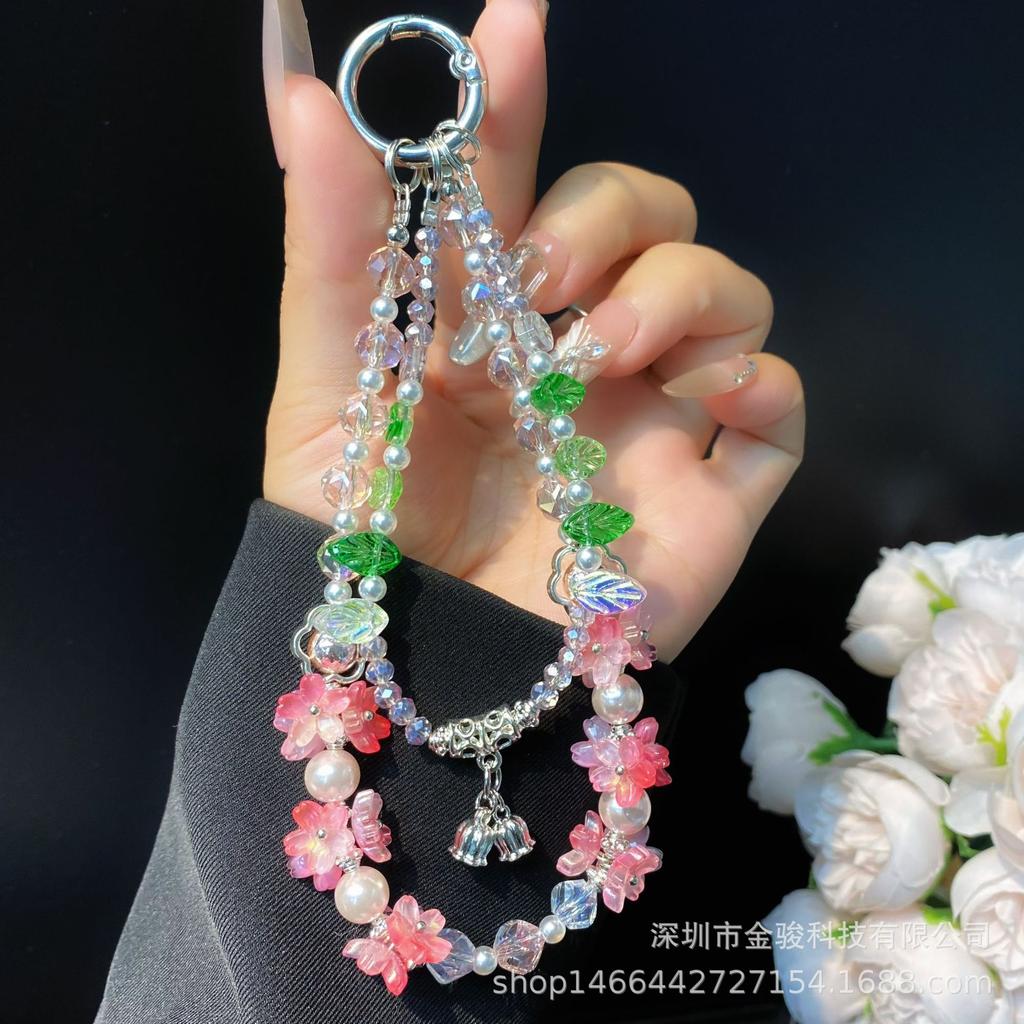 Phone Case Hanging Chain Niche Flower Green Leaf Phone Chain New DIY Chain Car Key Chain Rope Bag Hanging Decoration