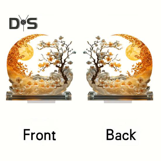 Moon Acrylic Ornament 2D Moon And Plum Tree Decoration Crescent Moon Centerpiece with Base for Home Mantel Dinning Table Desk Decor