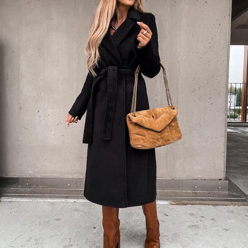 Women's Autumn and Winter Simple Long Sleeve V-Neck Tied Tweed Jacket Top