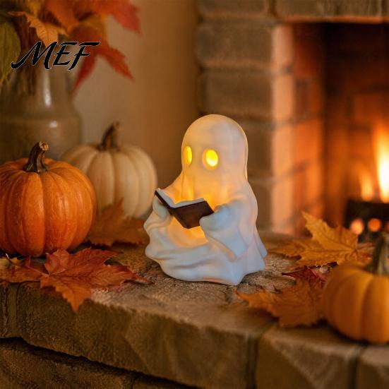 Whimsical Desk Accessory Cute Ghost Reading Book Lamp, Lighted Figurine with Warm LED Night Light Light, Halloween for Mantel Shelf Table Indoor Home