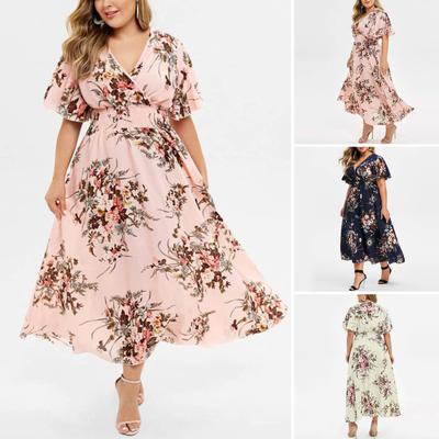 Women Dress V Neck High Elastic Waist Flower Printing A-line Big Hem