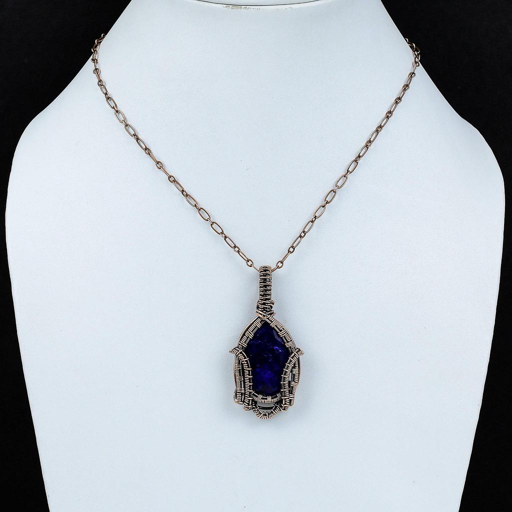 Fasetowany wisiorek z niebieskim szafirem, owinięty drutem miedzianym, wisiorek z kamieniem szlachetnym, miedziana biżuteria, niesamowity wisiorek, ręcznie robiony, zupełnie nowy wisiorek, prezent dla matki