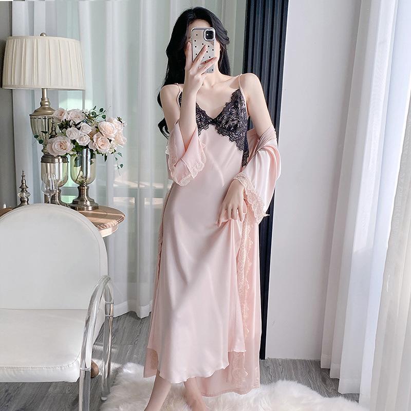 Sexy pajamas women's spring and autumn pure lace temptation loungewear with chest pad long suspender nightgown nightgown set summer