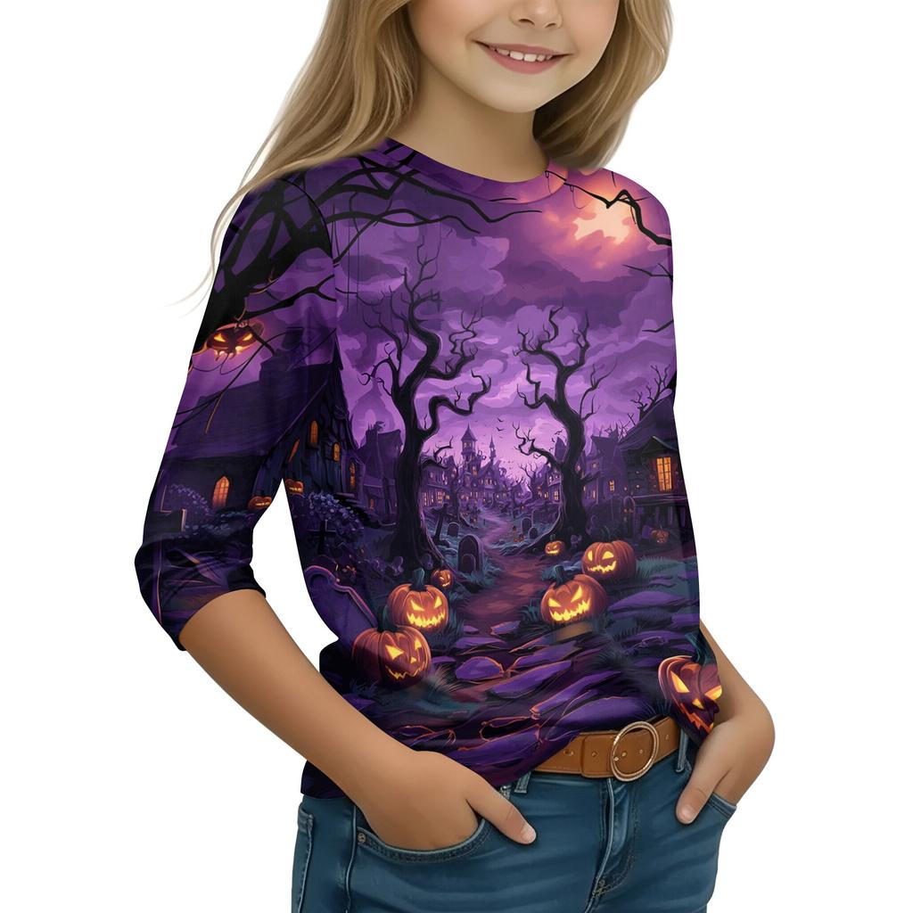 Kids Halloween Three-Quarter Sleeve Round Neck T-Shirt with Pumpkin Witch Print Casual Daily Wear