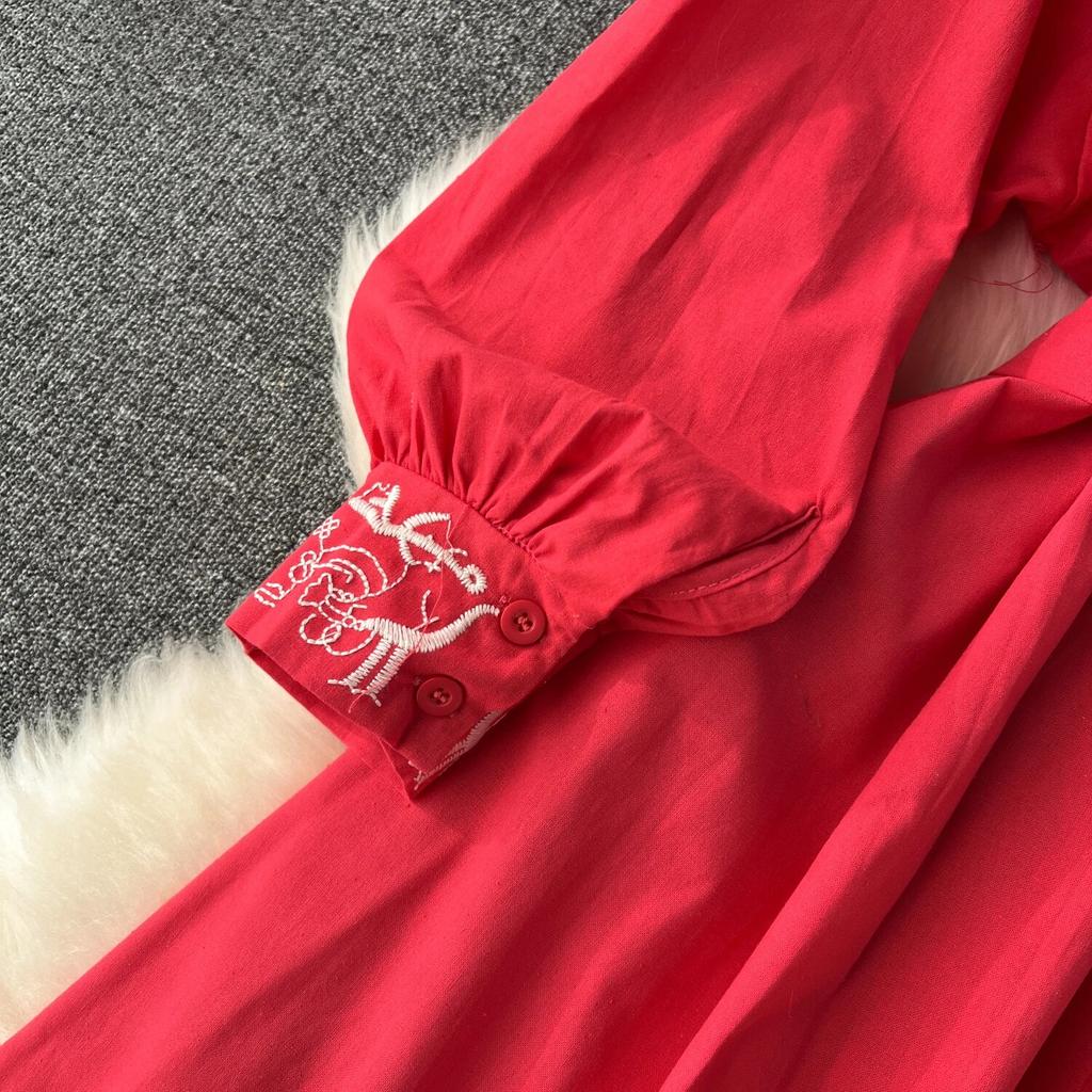 Obcisła sukienka z dekoltem w kształcie litery O, haftowany, bufiasty rękaw, guziki Vestidos, styl etniczny, wiosenne fałdy, sukienki w jednolitym kolorze, linia A