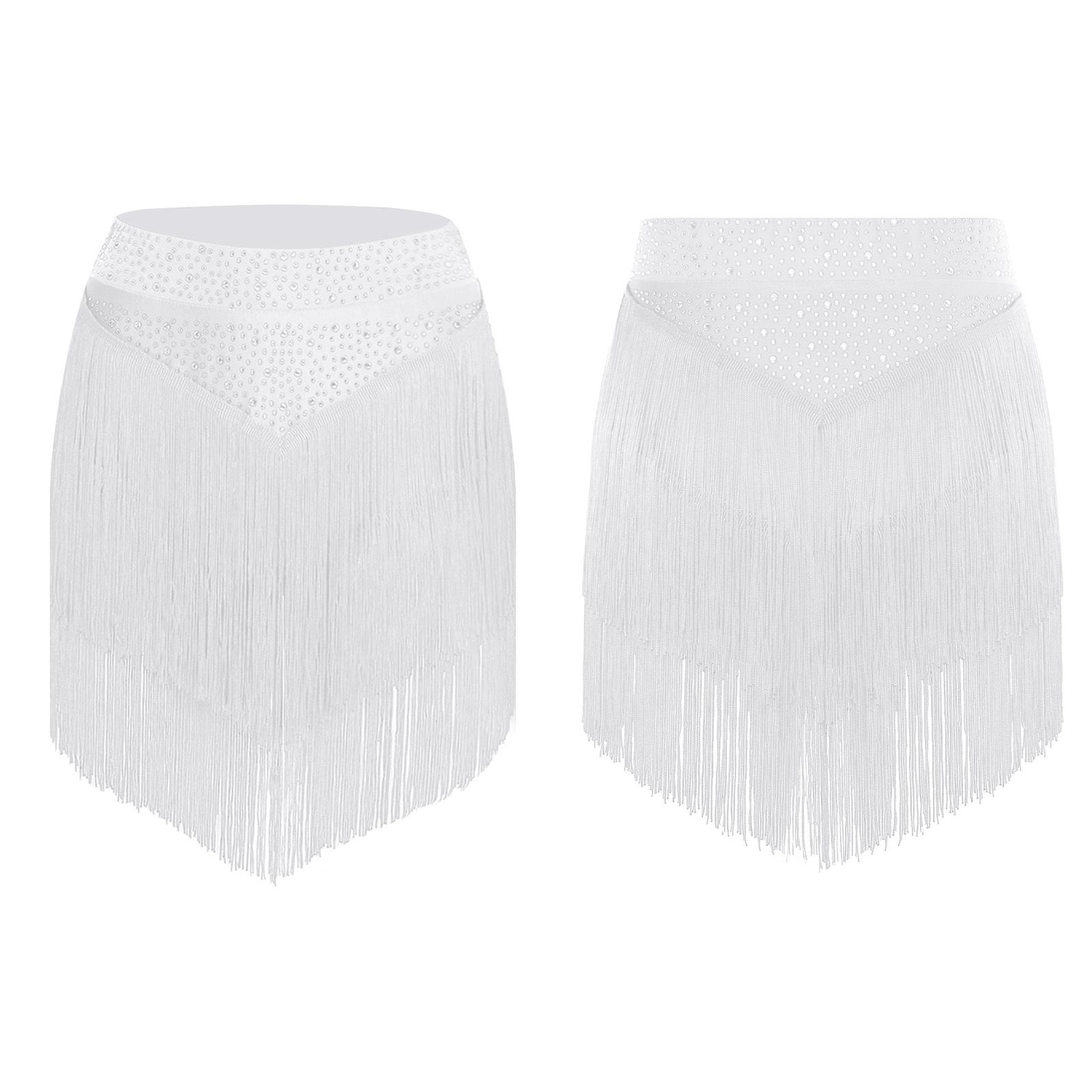 

Женская юбка для сальсы, латиноамериканских танцев S-XXL - Костюм для выступлений и соревнований с эластичным поясом и многоярусной бахромой S белый