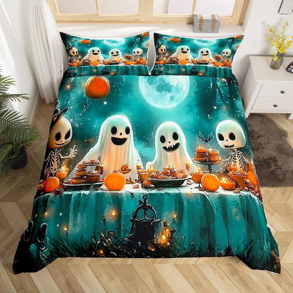 Comforter Happy Halloween Ghost Full Bedding Set For Boys Girl Spider Bat Black Cat Print Comforter Trick Or Treat Theme