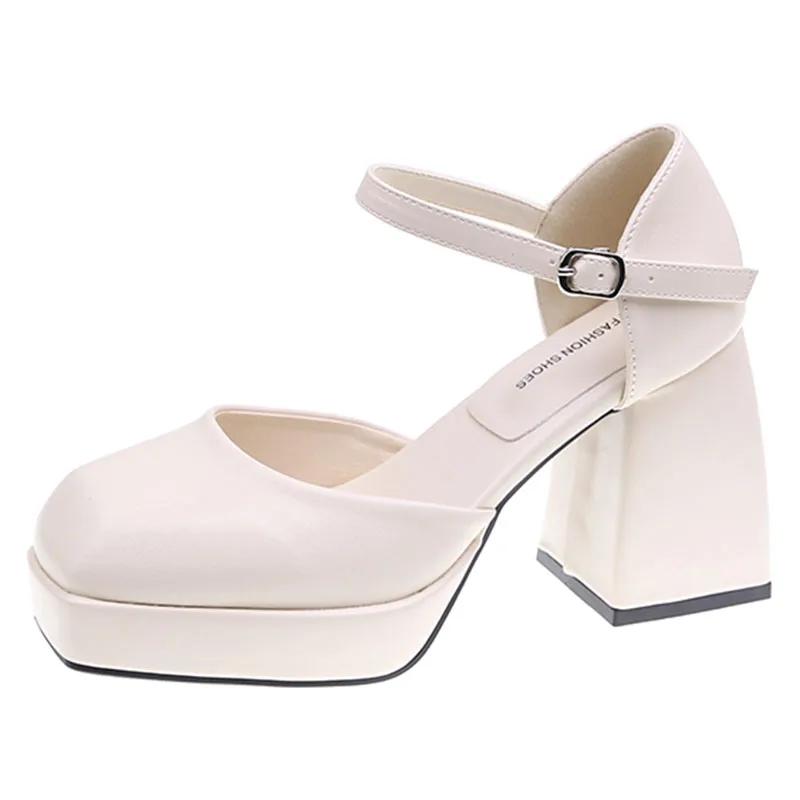 

Big Square Toe Chunky Platform Super High Heels Shoes Women Autumn 2026 Solid Black Ankle Strap Platform Pumps Woman Mary Janes 35 бежевый