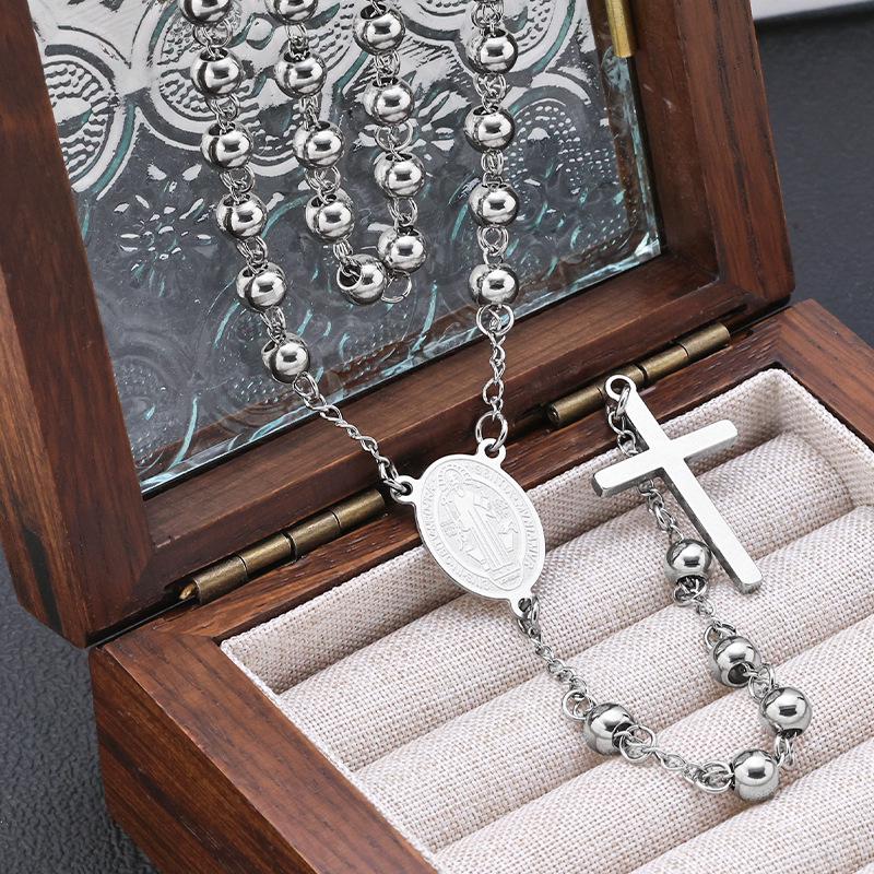 Stainless Steel Cross Rosary Necklace with Virgin Mary Pendant