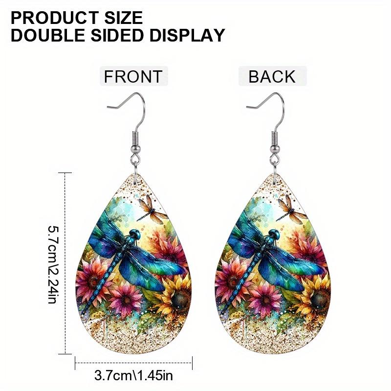 Colorful Dragonflies Flowers PU Leather Earrings Y2K Earrings Double-sided Printed Water Drop Earrings