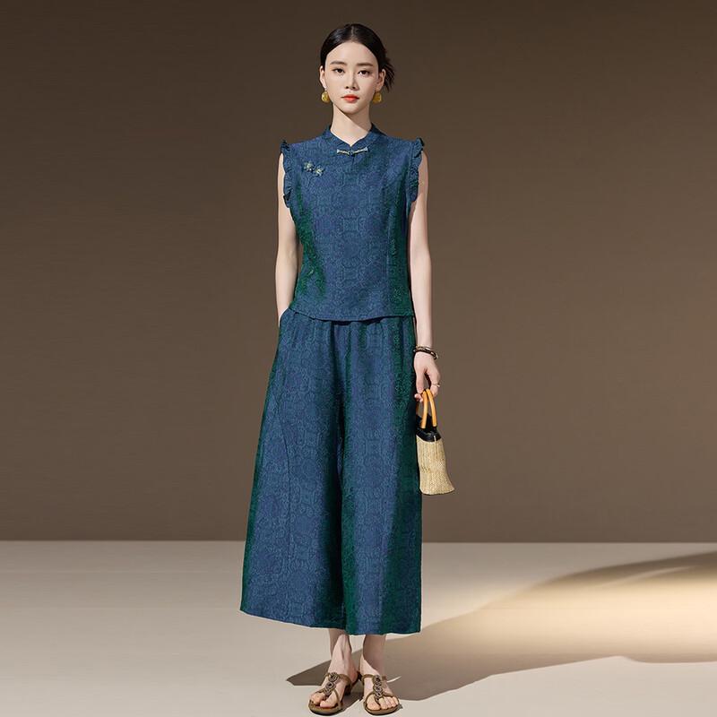 Women s New Chinese Style Print Vest & Wide-Leg Pants Set XL