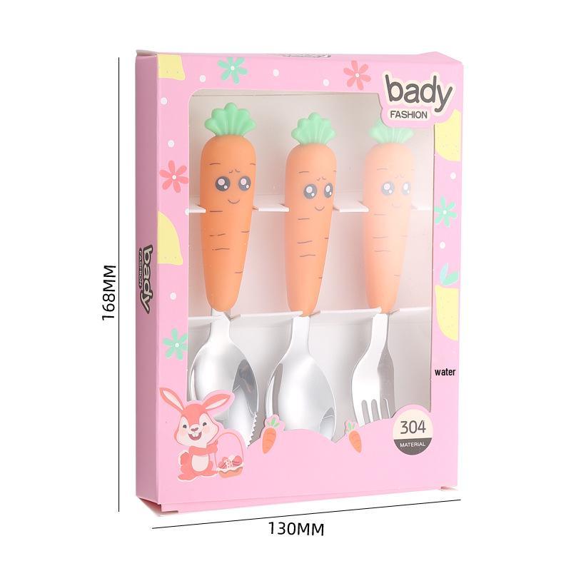 Carrot Cartoon Kids' Stainless Steel Cutlery Set: Spoon & Fork for Baby Food and Fruit Puree