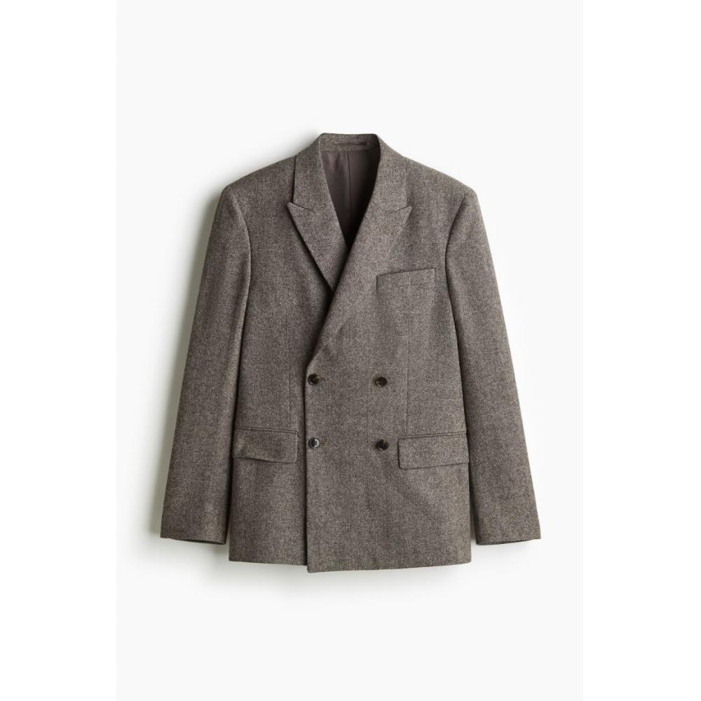 H M Regular Fit Wool Blend Double Breasted Jacket Dark Beige Melange