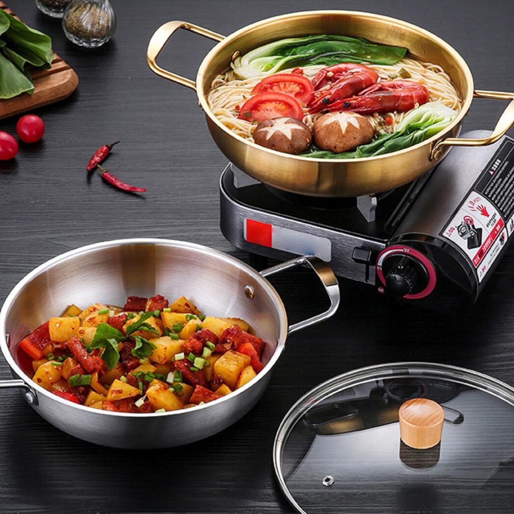 Nerezový hrnec na instantní nudle pro jednu osobu Malý hotpot Dvě ucha Ploché dno Suchý hrnec Domácnost Plynový hrnec na mořské plody