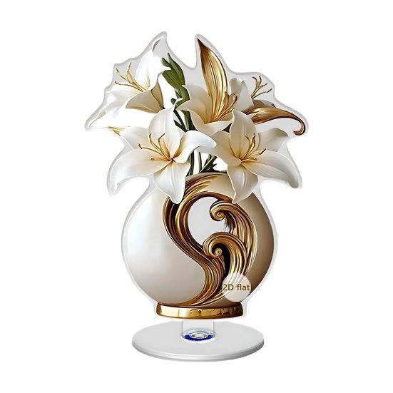 2D Flat Flower Ornament, 360-Degree Rotating Vase Acrylic Ornament with Base, Flower Vase Tabletop Decoration for Home Desk Shelf Decor
