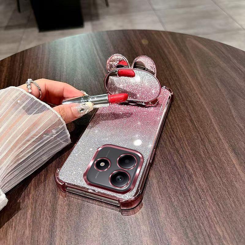 Rabbit Mirror Bracket Phone Case for Redmi Note 14 S Pro 13 Pro Plus 14C A5 with Bracelet Four Corner Airbag Cushioning Shell
