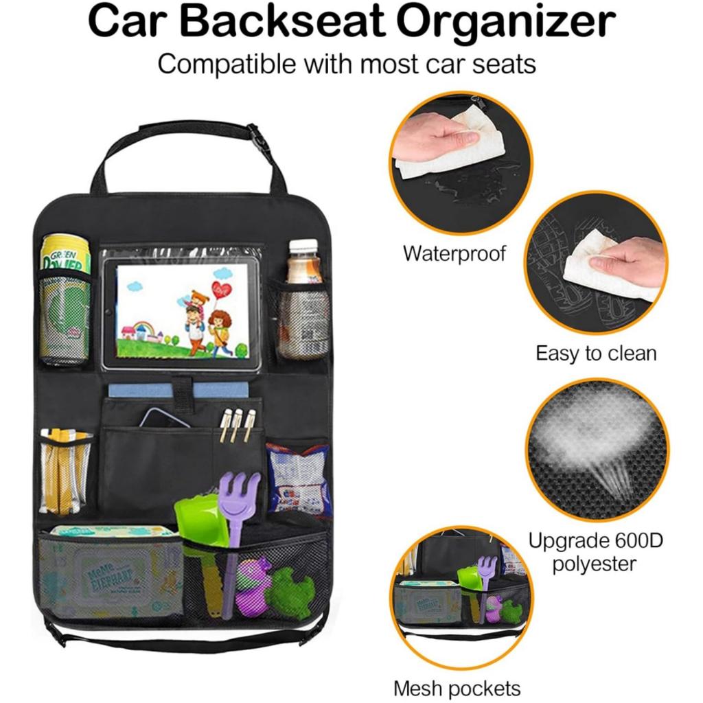 Universal Car Storage Bag&Backseat Organizer with Tablet Holder, Trunk Net,Fire Extinguisher Fixer, Seat Protector Car Organizer