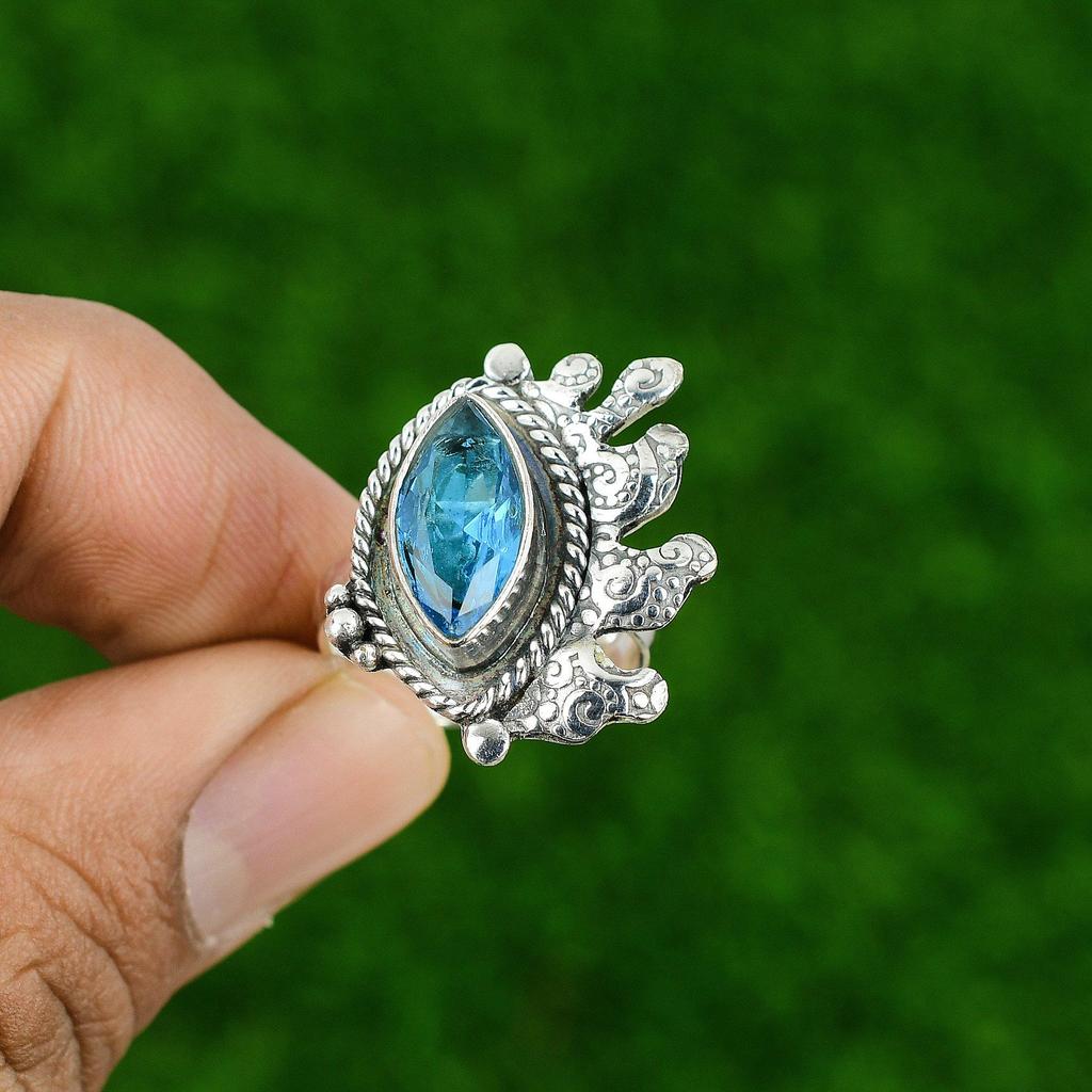 Mothers day Deal 925 Sterling Silver Swiss Blue Topaz Gemstone Promise Wife Ring