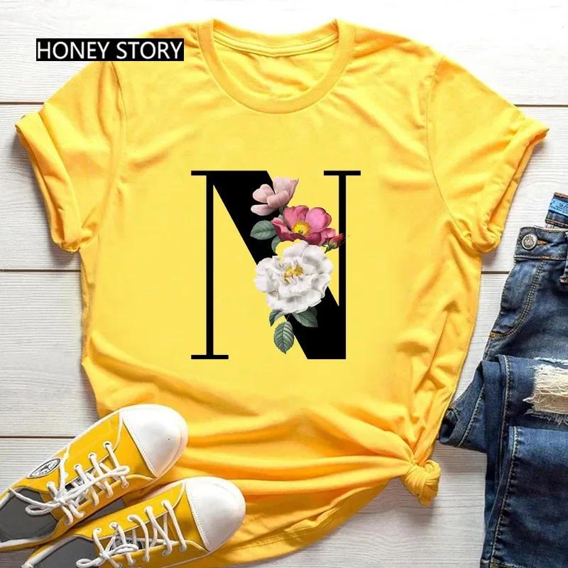 Women's Summer Short Sleeve T-Shirts Fashionable Casual Round Neck 26 English Letters Flower & Name Letter Printed Cotton T-shirts