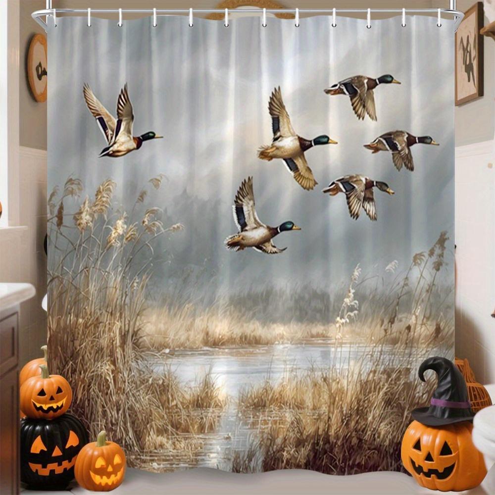 

Rustic Duck Shower Curtain Mallard Flying Over Wetland Scene Polyester Bath Curtain With 12 Hooks For Nature Decor W60H190(CM)-1 Pcs
