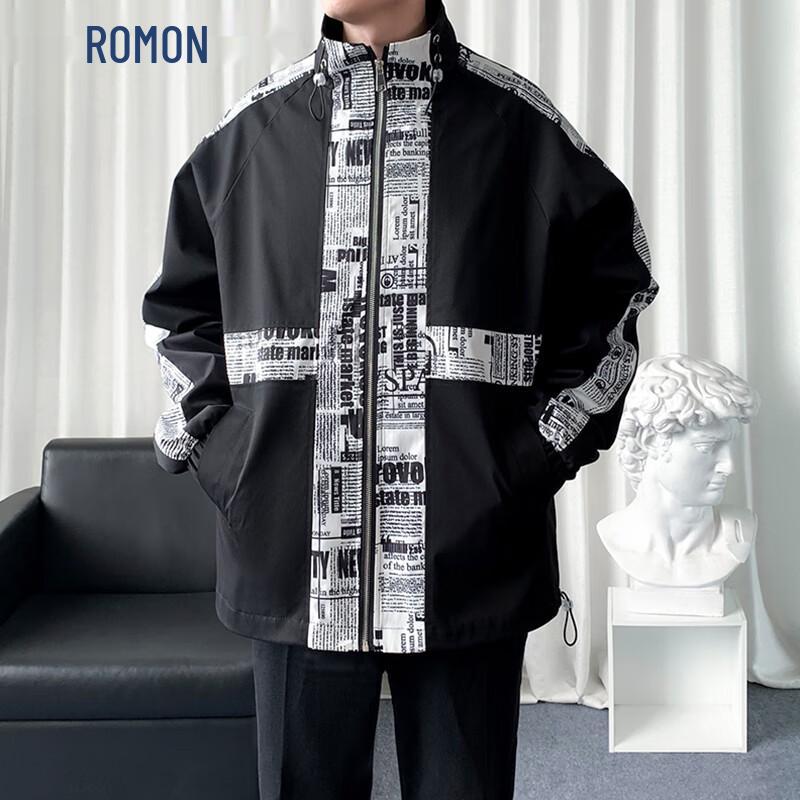 ROMON Men's Short American Style Stand Collar Loose Fit Jacket