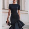 Vestido Midi de Manga Corta con Cuello Redondo para Mujer Ajustado Elegante Asimétrico con Volante Bodycon Vestido de Cóctel