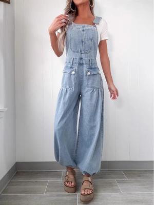 Europäische & Amerikanische Mode Damen Lässige Lockere Weite Bein Jeans Latzhose 89122