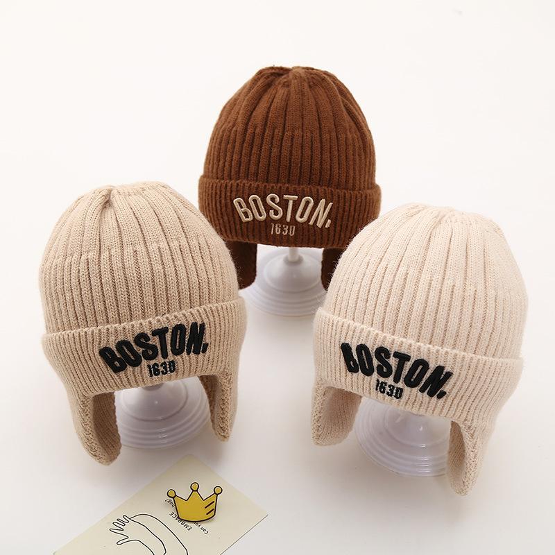 Winter Baby Knitted Hat with Earmuff Letter Embroidered Toddler Beanie Cap Solid Color Warm Woolen Kids Ear Protection Hats