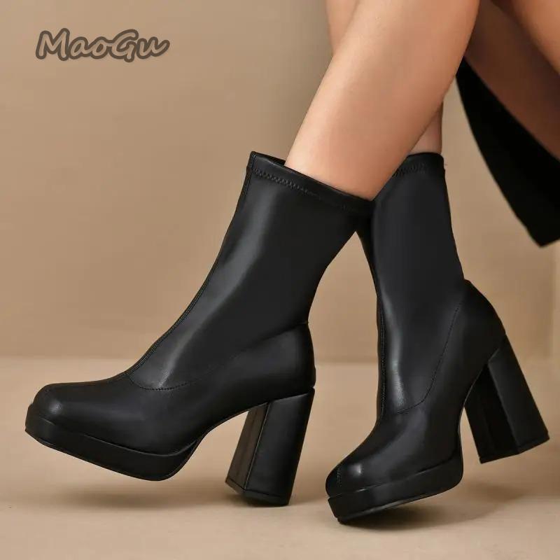 Fashion Pu Black Mid Calf Boots Women  Elegant Square Toe High Heel Chelsea Boots Botas Para Mujer Slip on Women's Botines