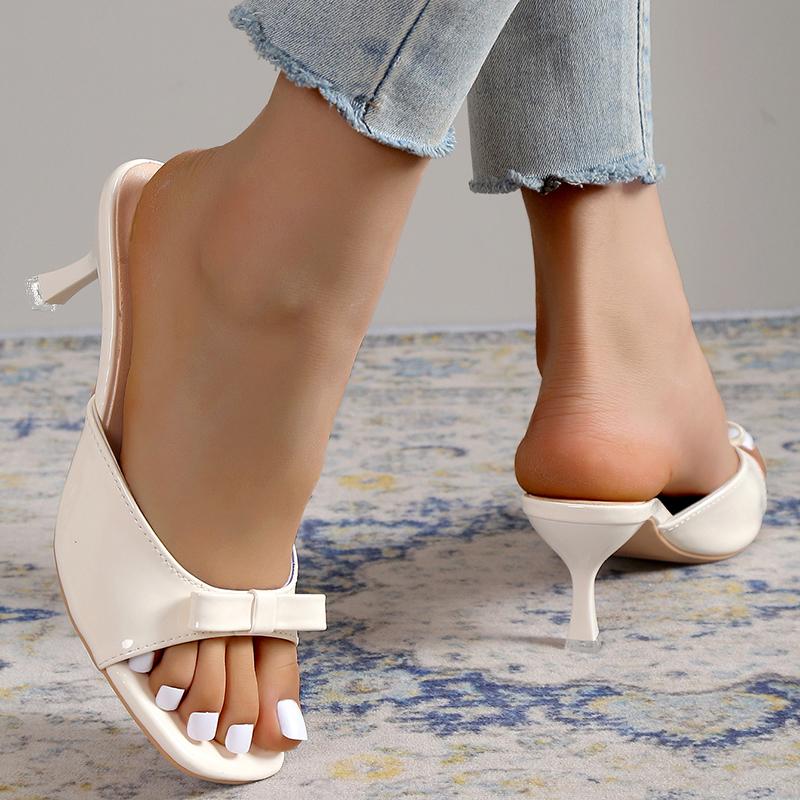 Fashion Fashion Bowtie Decor High Heel Sandals Woman Patent Leather Thin Heeled Dress Shoes Women's Summer Comfort Square Toe Slippers