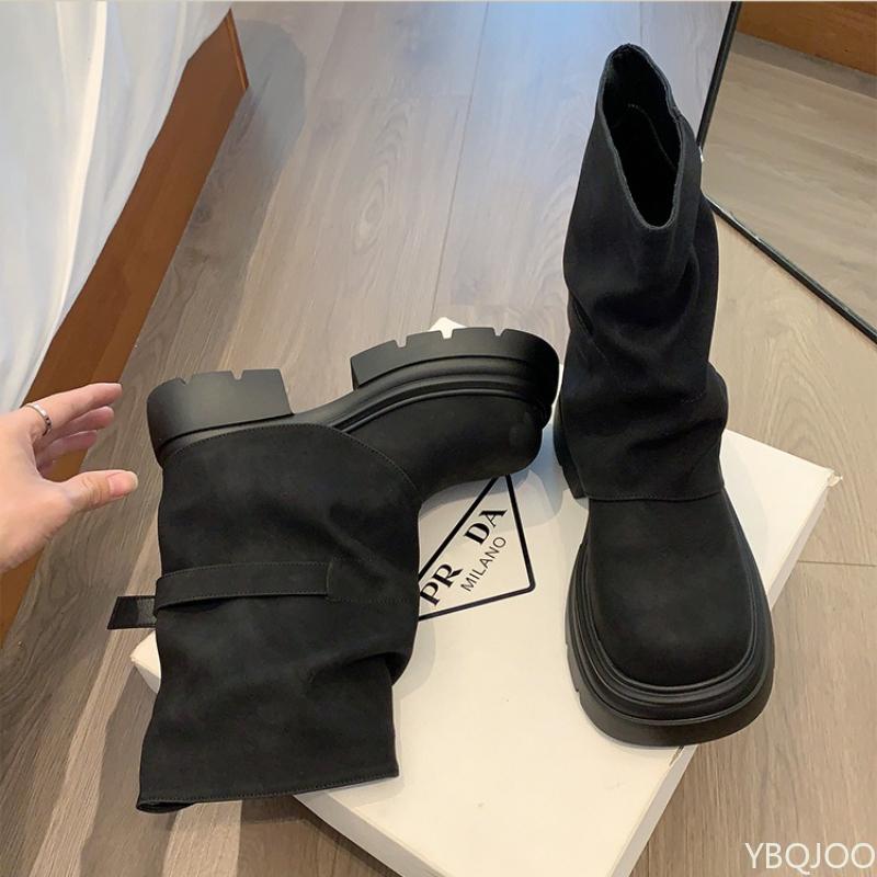 Women's Autumn New Versatile Height Increasing Thick Soled Midsole Boots Simple Comfortable Round Toe Thick Heel Women's Shoes