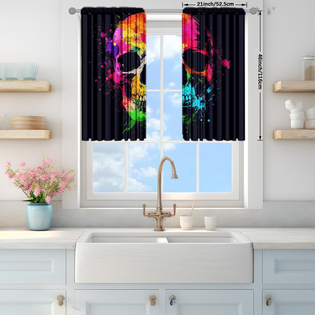 2pcs Colorful Painted Skull Printed Curtain for Home Decor - Rod Pocket Window Treatment for Bedroom   Office and  Kitchen