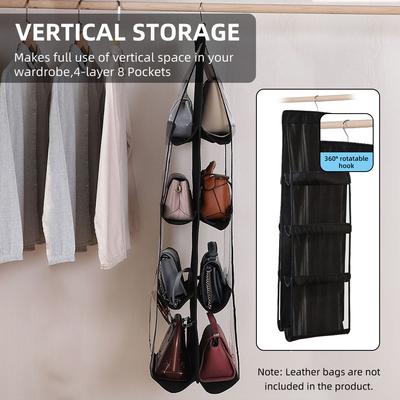 4-layer Handbag Purse Dust-proof   with 8 Pockets Metal Hook Bag Storage Bag for Wardrobe Closet Space Saving Black