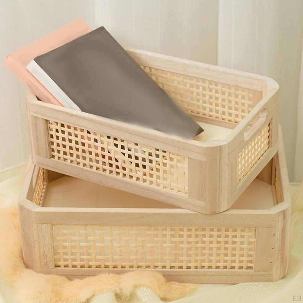 Desk Storage Basket Organizer Tray Home Wooden Desktop Box Drawer Bin for