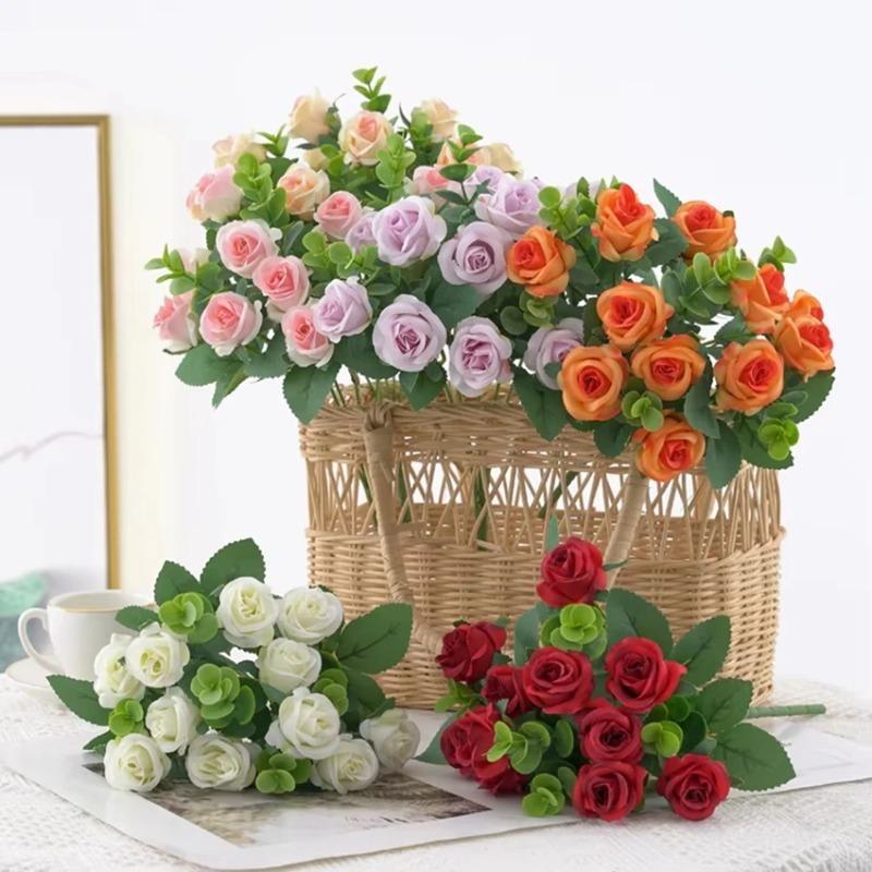 Artificial Eucalyptus Leaves & Silk Roses Bouquet, Fake Flowers for Vase, Home Outdoor Garden Festival Wedding Party Table Decor
