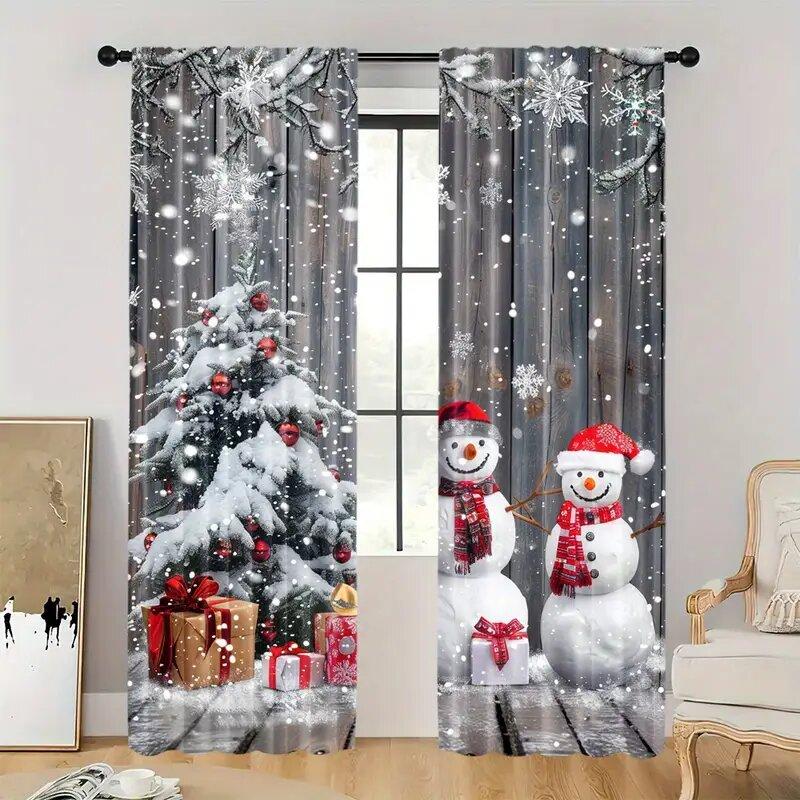 Christmas Snowman Gift Snowflake Pattern Printed Curtains Home Decoration Room Curtain Set Of 2 Made Polyester Washable