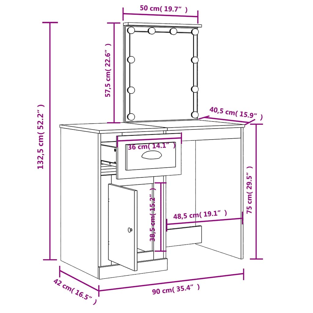 Makeup Table with LED Lights Black 90 x 42 x 132.5 cm