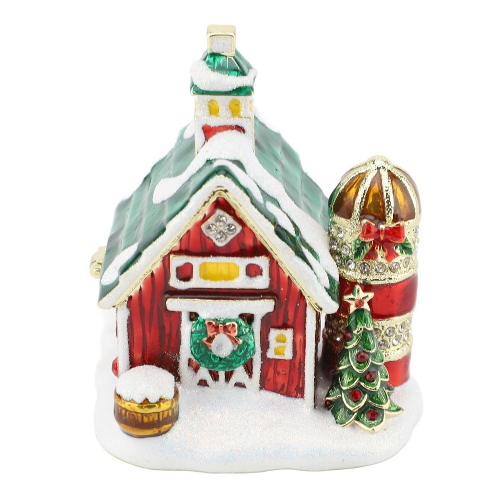 Xmas House Figurine Trinket Box Hinged Collectible Rhinestones Jeweled Painted Enameled Jewelry Ring Holder Box
