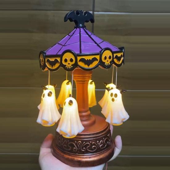 Ghostly Carousel Night Light Halloween Light Up Ghost Night Lamp Festive Atmosphere Spooky Lamp Decor for Bedroom