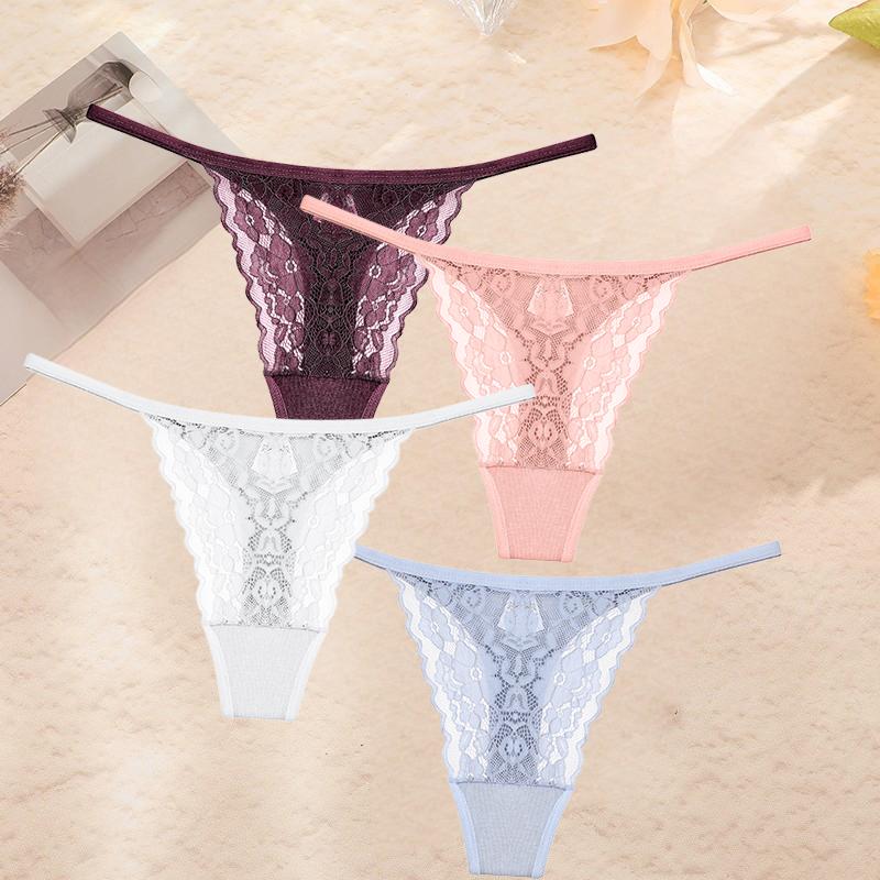 4ks krajkové květinové spodní prádlo pro dámu Sexy duté kalhotky Pevná strečová tanga Dámská perspektiva G-String prodyšné spodní prádlo
