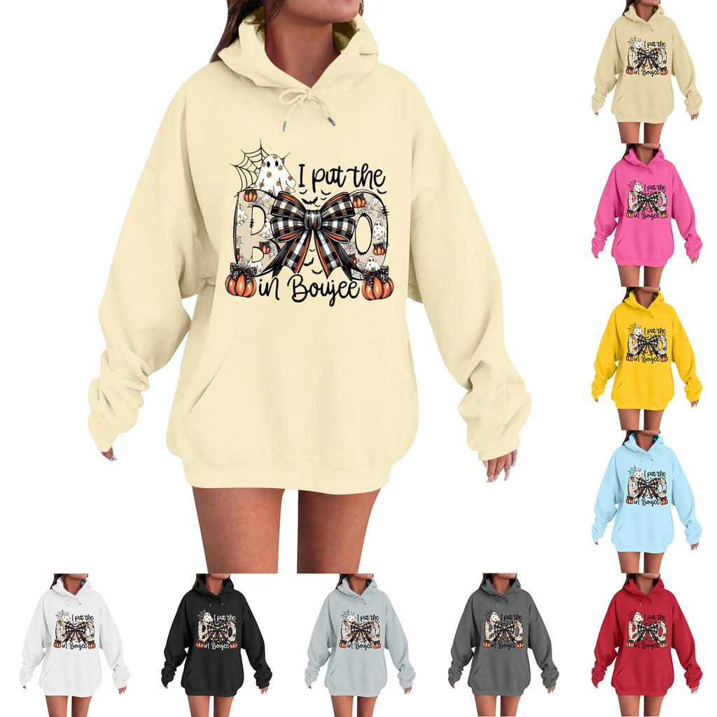 Women's Casual Fashion Comfortable Round Neck With Hood Long Sleeve Halloween Print Warm Sweatshirt