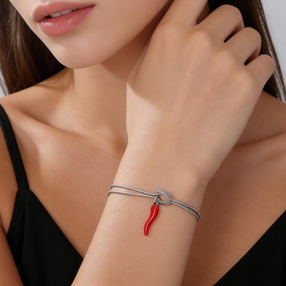 Red Enamel Italian Horn Charm Bracelet Stainless Steel Women's Love Knot Snake Chain Bracelets Good Luck Protection Jewelry Gift